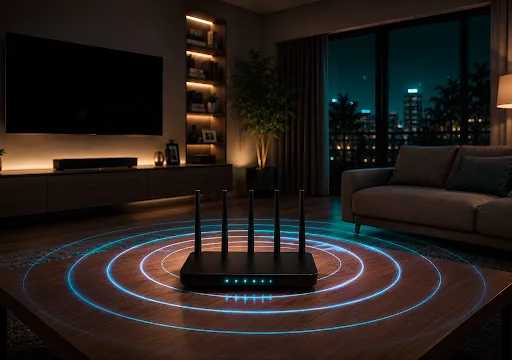 A Wi-Fi router in a modern living room, broadcasting glowing rings of fiber-fast coverage across the floor.
